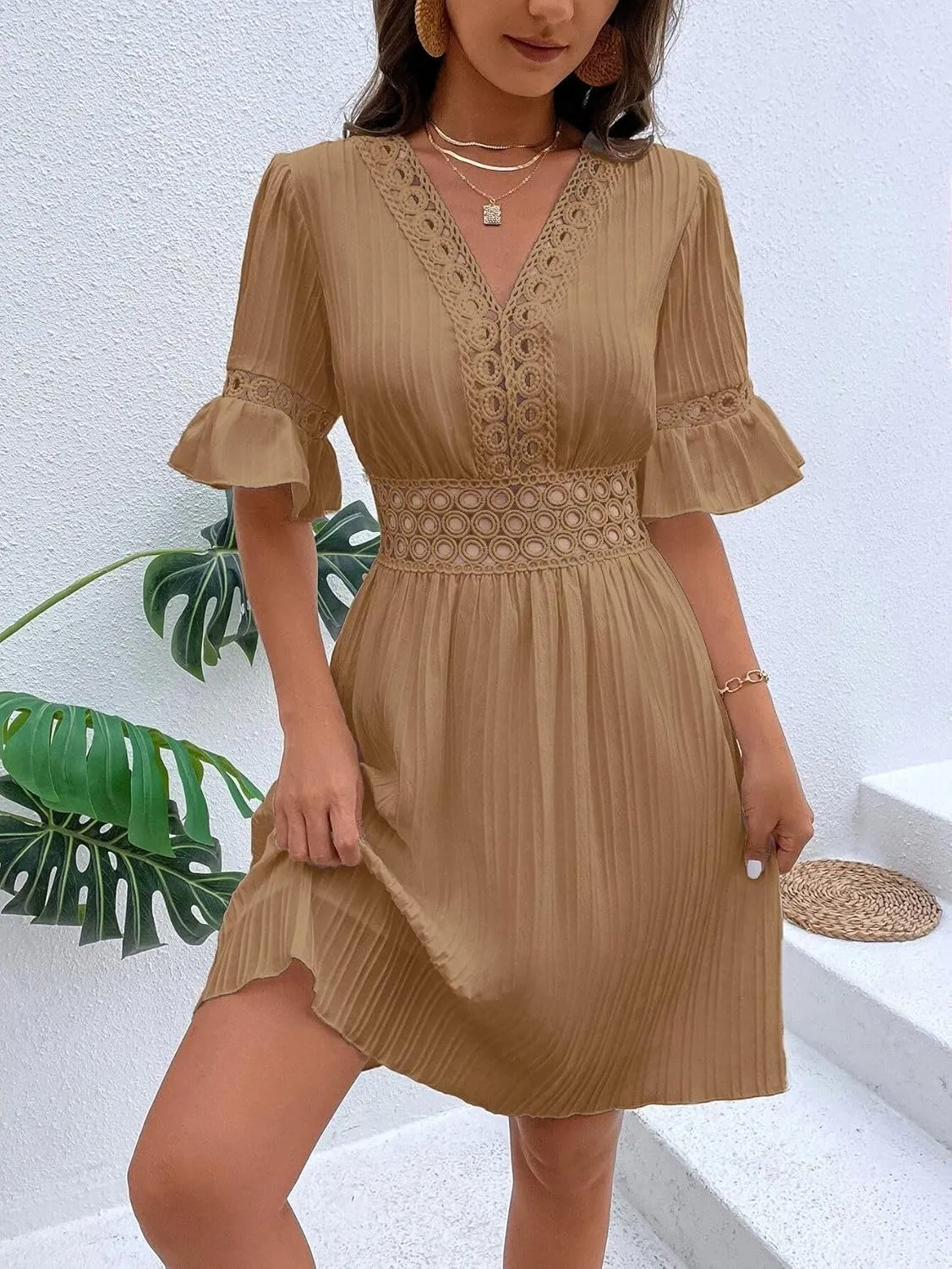 2025 Summer Dresses for Women Boho Dress Ruffle Short Sleeve Aline Flowy Above Knee Cute Casual Tshirt Dress