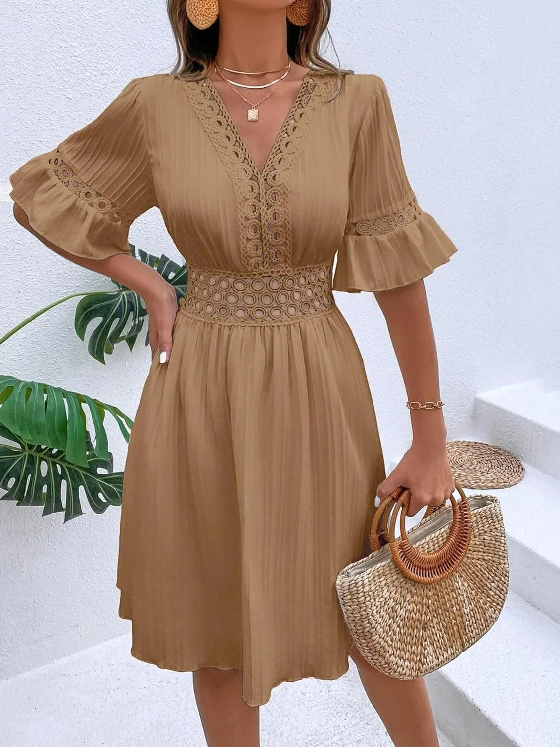 2025 Summer Dresses for Women Boho Dress Ruffle Short Sleeve Aline Flowy Above Knee Cute Casual Tshirt Dress