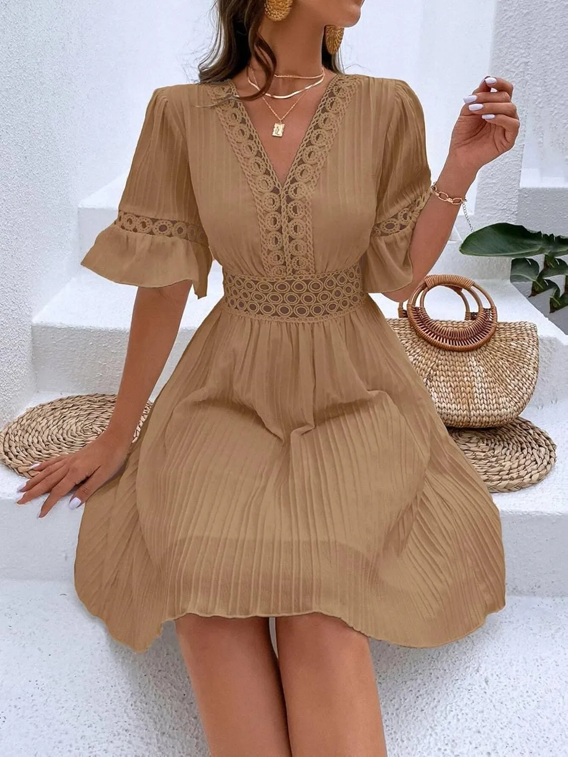 2025 Summer Dresses for Women Boho Dress Ruffle Short Sleeve Aline Flowy Above Knee Cute Casual Tshirt Dress