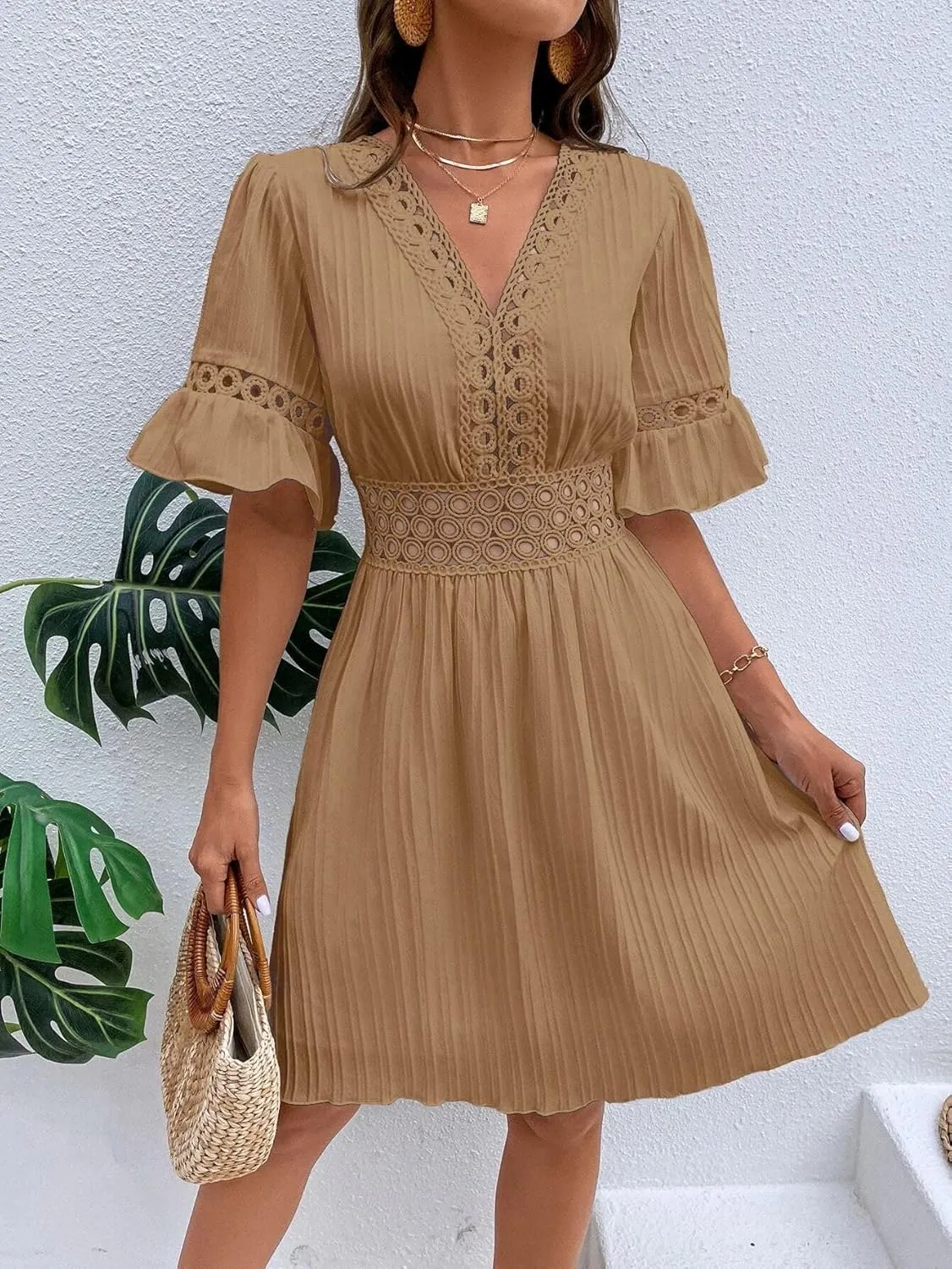 2025 Summer Dresses for Women Boho Dress Ruffle Short Sleeve Aline Flowy Above Knee Cute Casual Tshirt Dress