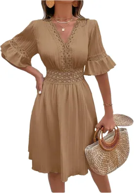 2025 Summer Dresses for Women Boho Dress Ruffle Short Sleeve Aline Flowy Above Knee Cute Casual Tshirt Dress