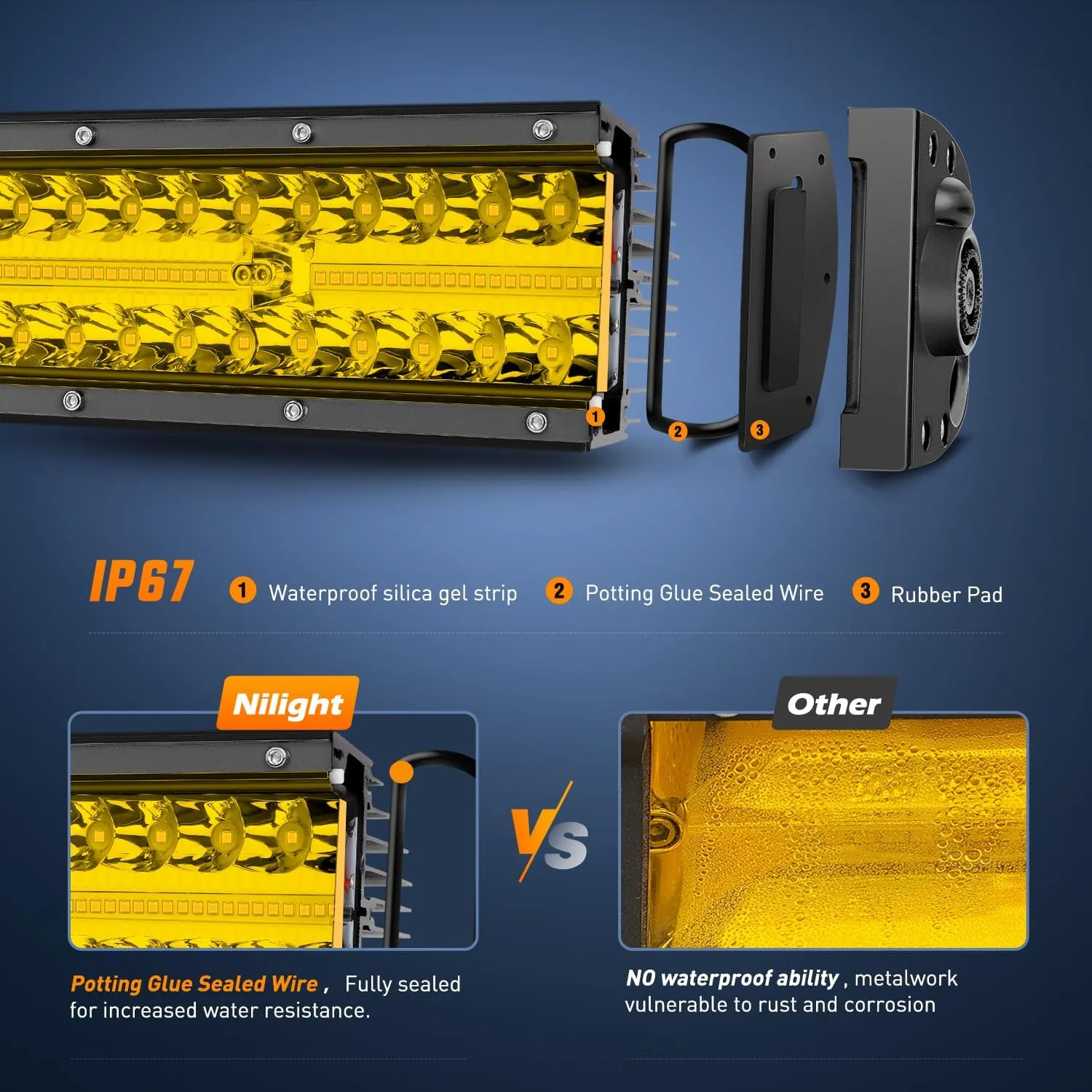 22 Inch 480W Triple Row Amber Spot Flood LED Light Bar With 16AWG Wiring Harness 3Pin Switch