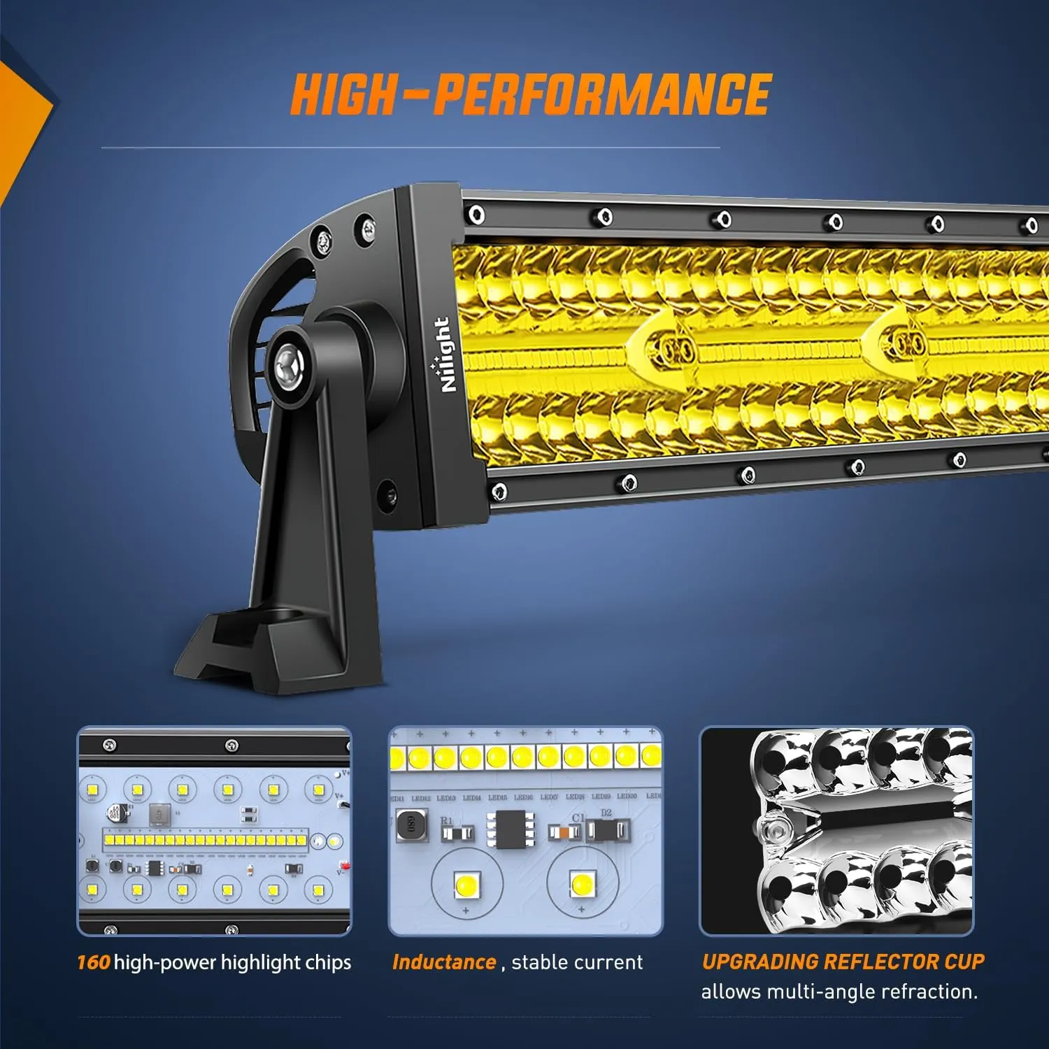 22 Inch 480W Triple Row Amber Spot Flood LED Light Bar With 16AWG Wiring Harness 3Pin Switch