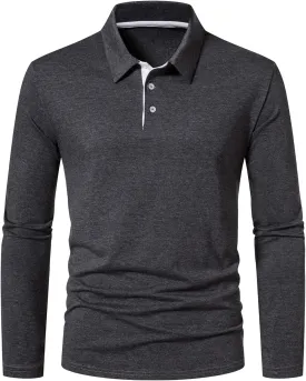 A WATERWANG Men's Long Sleeve Polo Shirts, Slim-fit Cotton Golf Polo Shirts Basic Designed