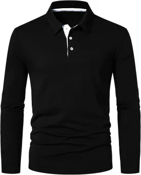 A WATERWANG Men's Long Sleeve Polo Shirts, Slim-fit Cotton Golf Polo Shirts Basic Designed