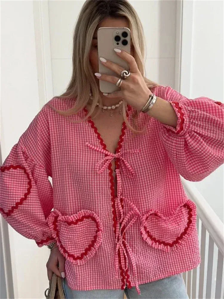 Advbridge Fashion Pocket Bandage Shirts For Women Autumn 2024 Hollow Out Patchwork Contrast Blouse Top Female Lace-Up V-Neck Shirts