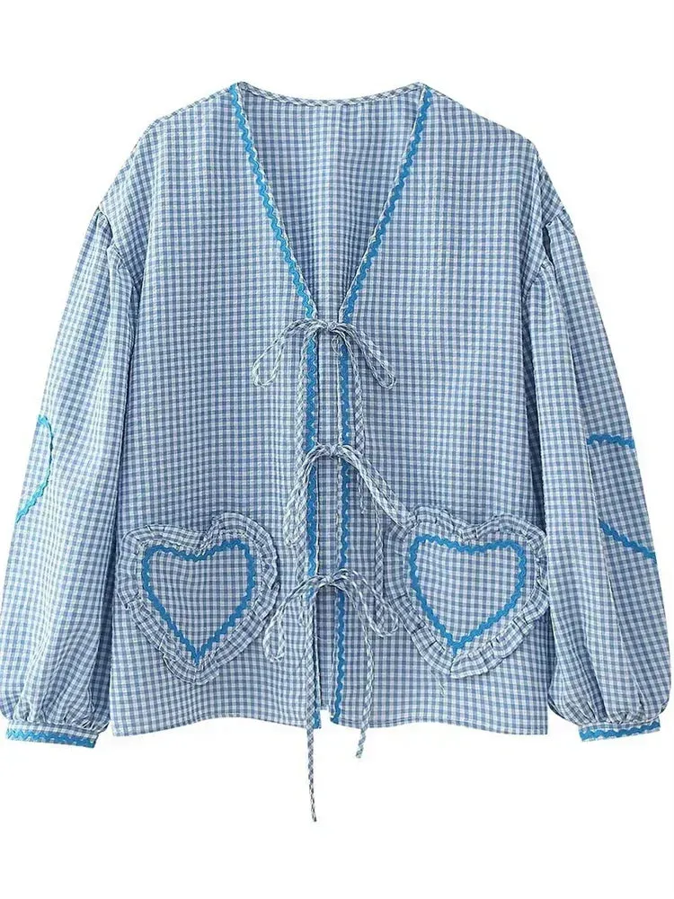 Advbridge Fashion Pocket Bandage Shirts For Women Autumn 2024 Hollow Out Patchwork Contrast Blouse Top Female Lace-Up V-Neck Shirts