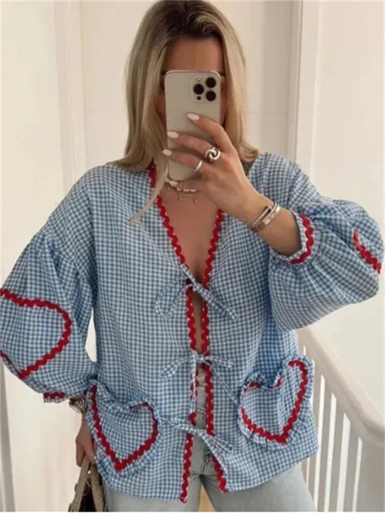 Advbridge Fashion Pocket Bandage Shirts For Women Autumn 2024 Hollow Out Patchwork Contrast Blouse Top Female Lace-Up V-Neck Shirts