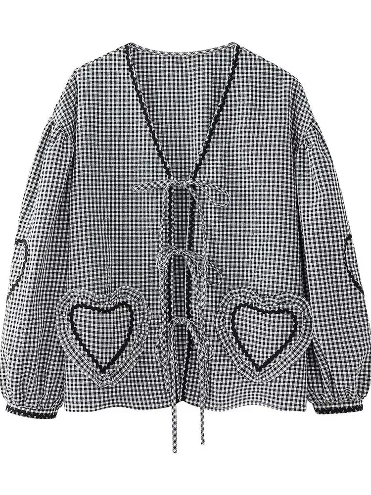 Advbridge Fashion Pocket Bandage Shirts For Women Autumn 2024 Hollow Out Patchwork Contrast Blouse Top Female Lace-Up V-Neck Shirts
