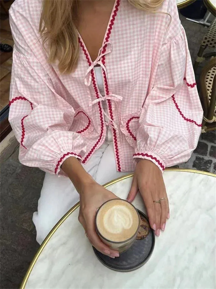 Advbridge Fashion Pocket Bandage Shirts For Women Autumn 2024 Hollow Out Patchwork Contrast Blouse Top Female Lace-Up V-Neck Shirts