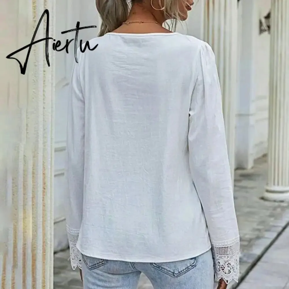 Aiertu  Autumn Elegant Office Lady Spring White Tops Women's Lace Patchwork Long Sleeved V-neck Slim Shirt Ladies Fashion Casual Blouse