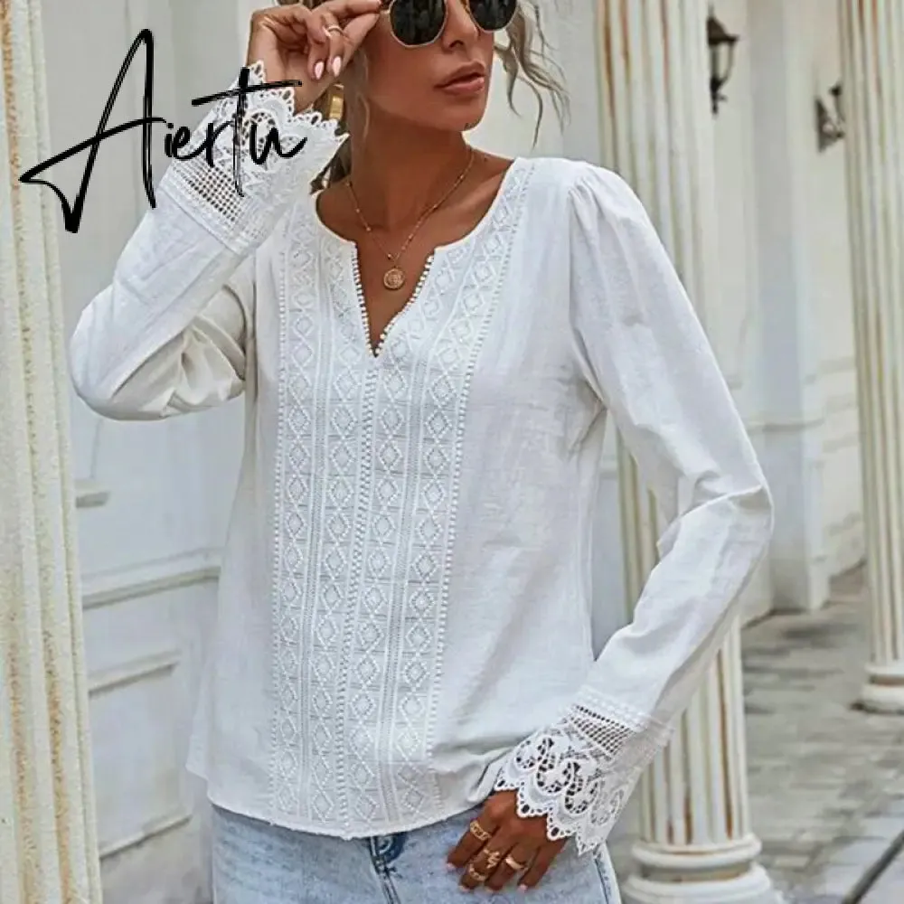 Aiertu  Autumn Elegant Office Lady Spring White Tops Women's Lace Patchwork Long Sleeved V-neck Slim Shirt Ladies Fashion Casual Blouse