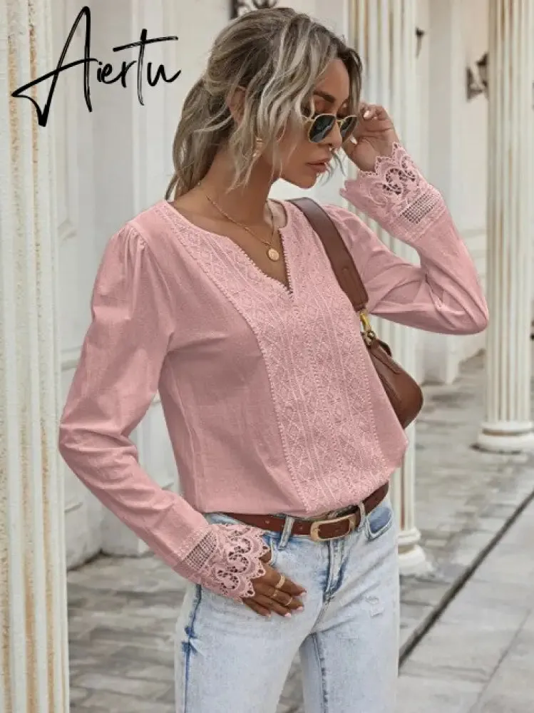 Aiertu  Autumn Elegant Office Lady Spring White Tops Women's Lace Patchwork Long Sleeved V-neck Slim Shirt Ladies Fashion Casual Blouse