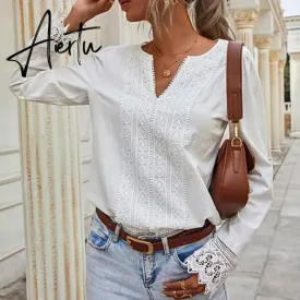 Aiertu  Autumn Elegant Office Lady Spring White Tops Women's Lace Patchwork Long Sleeved V-neck Slim Shirt Ladies Fashion Casual Blouse