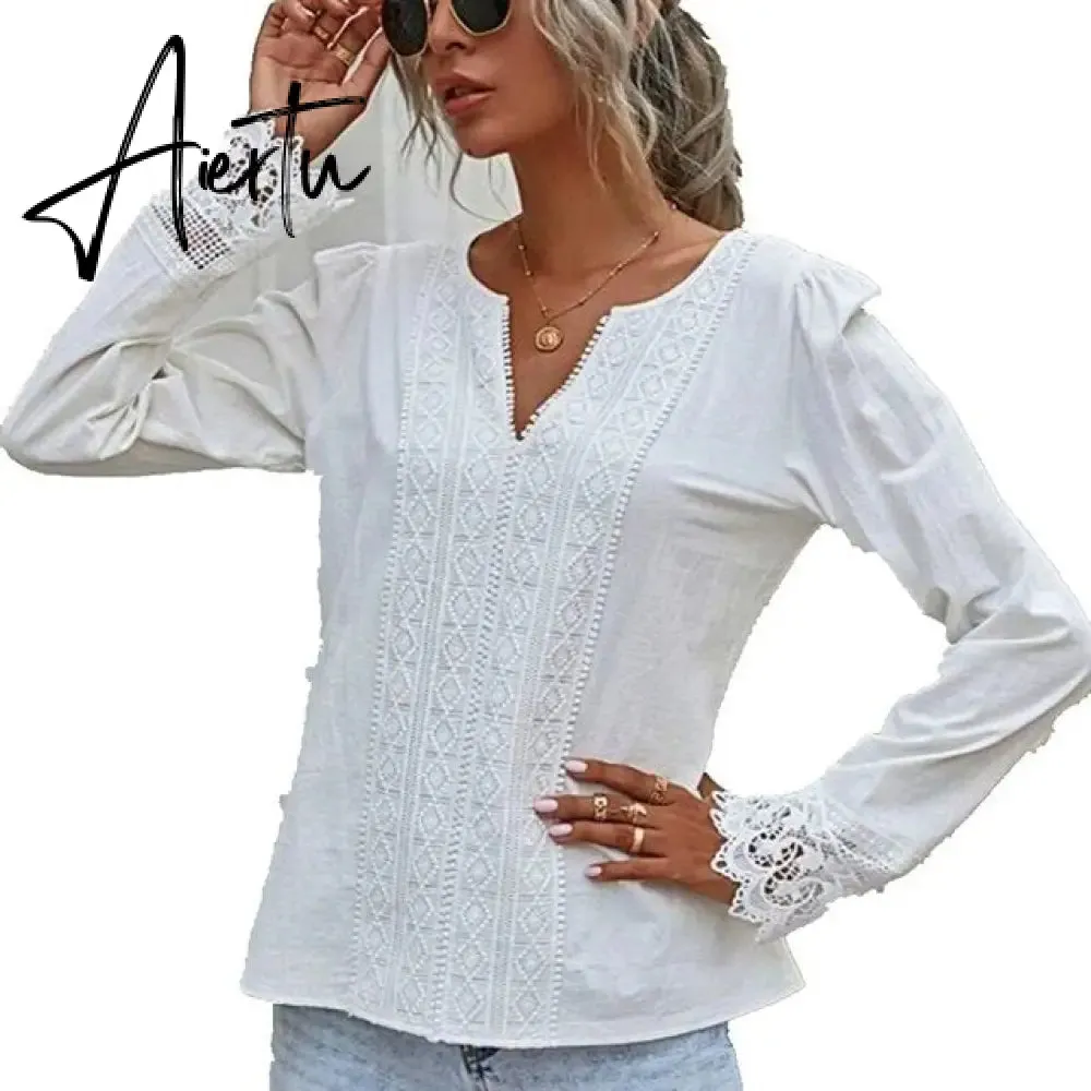 Aiertu  Autumn Elegant Office Lady Spring White Tops Women's Lace Patchwork Long Sleeved V-neck Slim Shirt Ladies Fashion Casual Blouse