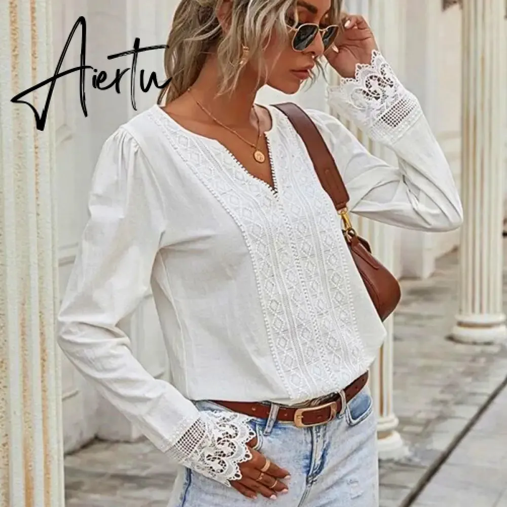 Aiertu  Autumn Elegant Office Lady Spring White Tops Women's Lace Patchwork Long Sleeved V-neck Slim Shirt Ladies Fashion Casual Blouse