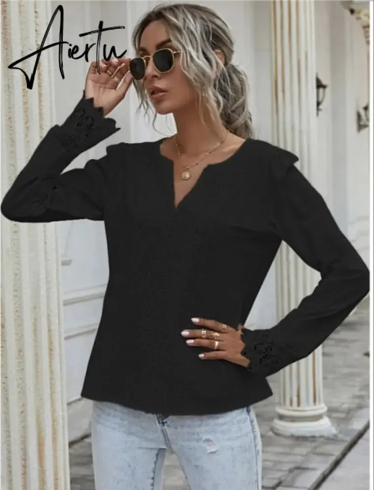 Aiertu  Autumn Elegant Office Lady Spring White Tops Women's Lace Patchwork Long Sleeved V-neck Slim Shirt Ladies Fashion Casual Blouse