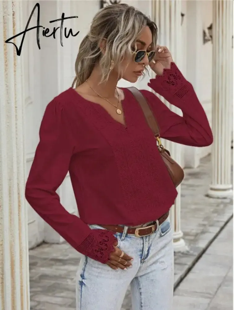 Aiertu  Autumn Elegant Office Lady Spring White Tops Women's Lace Patchwork Long Sleeved V-neck Slim Shirt Ladies Fashion Casual Blouse