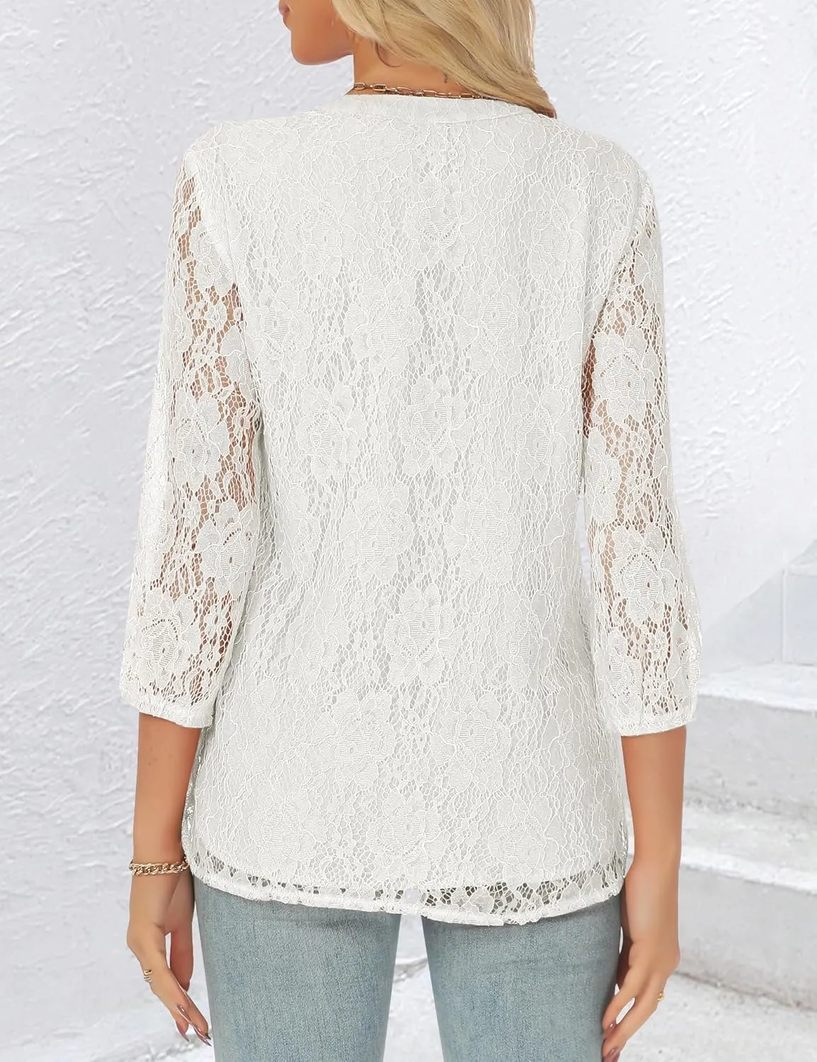 AIMCOO Womens Lace Tops 3/4 Sleeve Dressy Casual Blouses 2025 Summer Sexy Floral Top Sheer Shirts