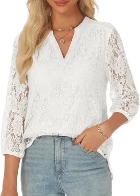 AIMCOO Womens Lace Tops 3/4 Sleeve Dressy Casual Blouses 2025 Summer Sexy Floral Top Sheer Shirts