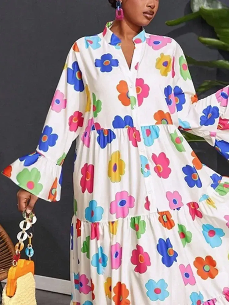 Amozae-Women's Elegant Evening Dresses Fashion Floral Printed Pleated  2024 Autumn Flared Sleeve VintageWomen Shirts Dress