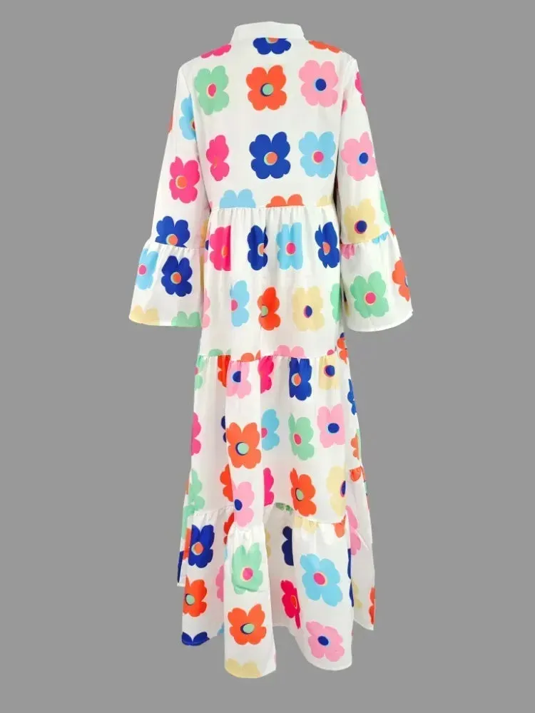 Amozae-Women's Elegant Evening Dresses Fashion Floral Printed Pleated  2024 Autumn Flared Sleeve VintageWomen Shirts Dress