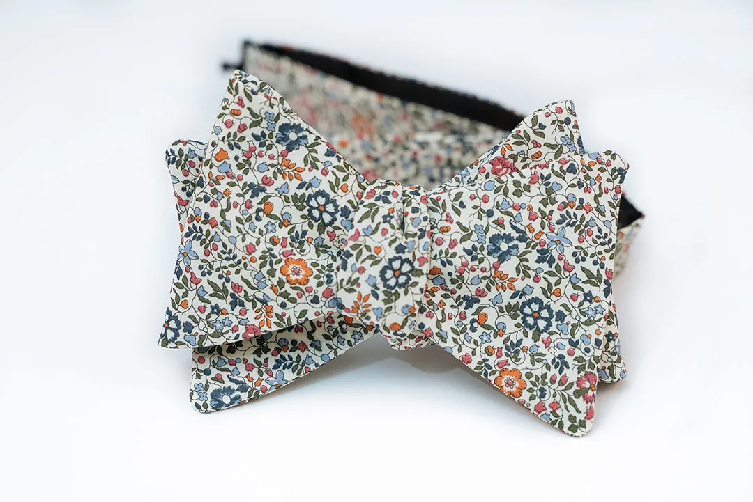 Beige With Orange & Blue Floral Cotton Bow Tie Butterfly