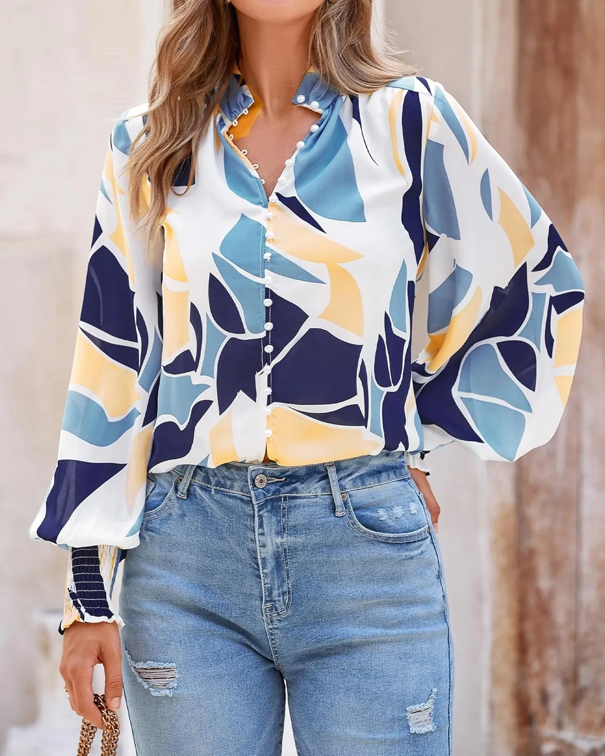 BTFBM Spring Fashion 2025 Button Down Long Sleeve Blouses for Women Dressy Casual V Neck Loose Printed Boho Tops Shirts