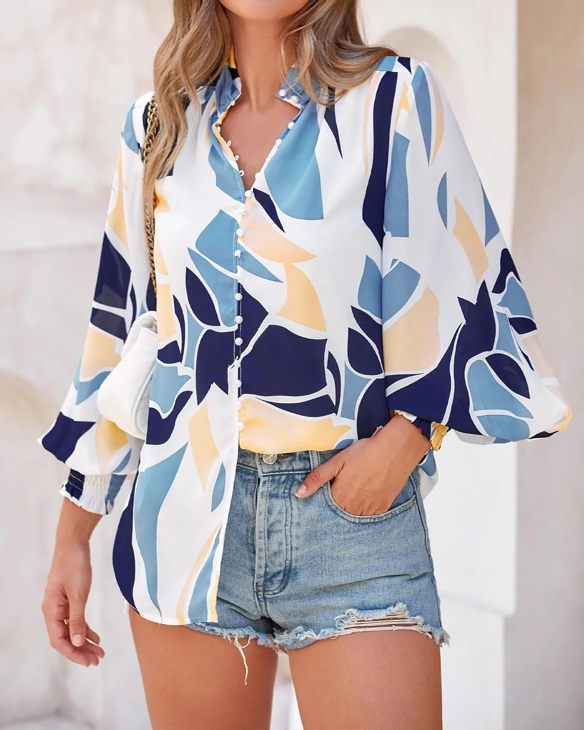 BTFBM Spring Fashion 2025 Button Down Long Sleeve Blouses for Women Dressy Casual V Neck Loose Printed Boho Tops Shirts