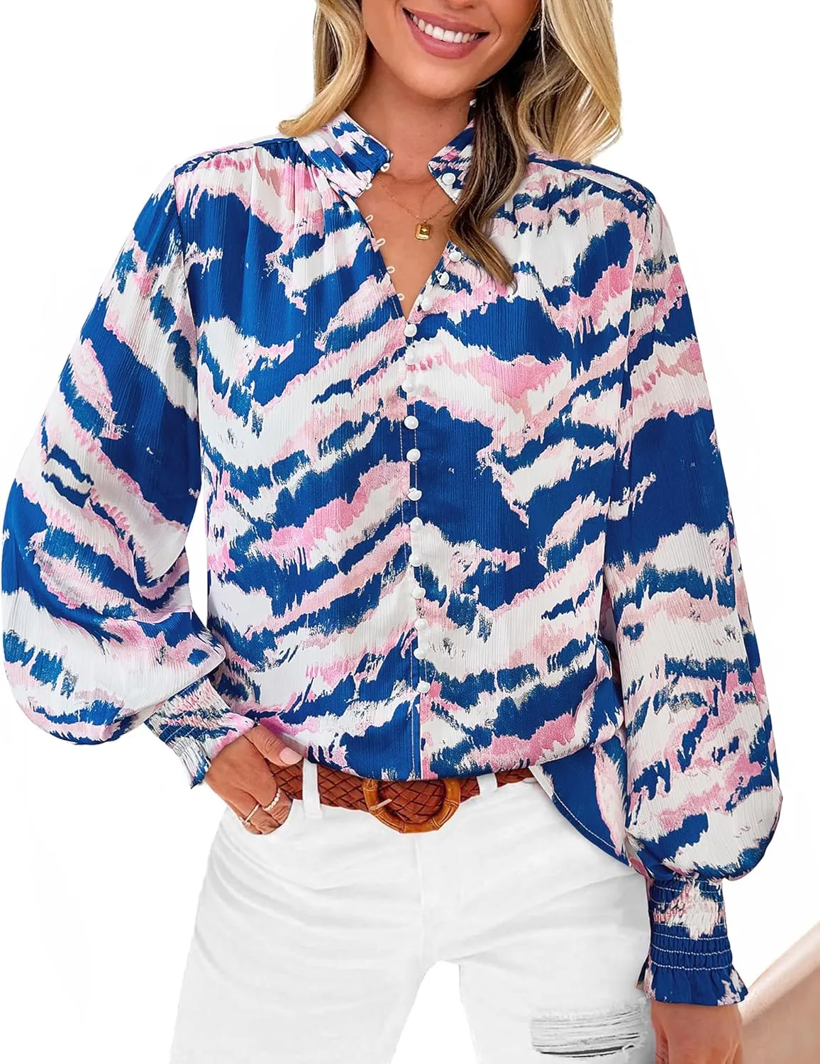 BTFBM Spring Fashion 2025 Button Down Long Sleeve Blouses for Women Dressy Casual V Neck Loose Printed Boho Tops Shirts