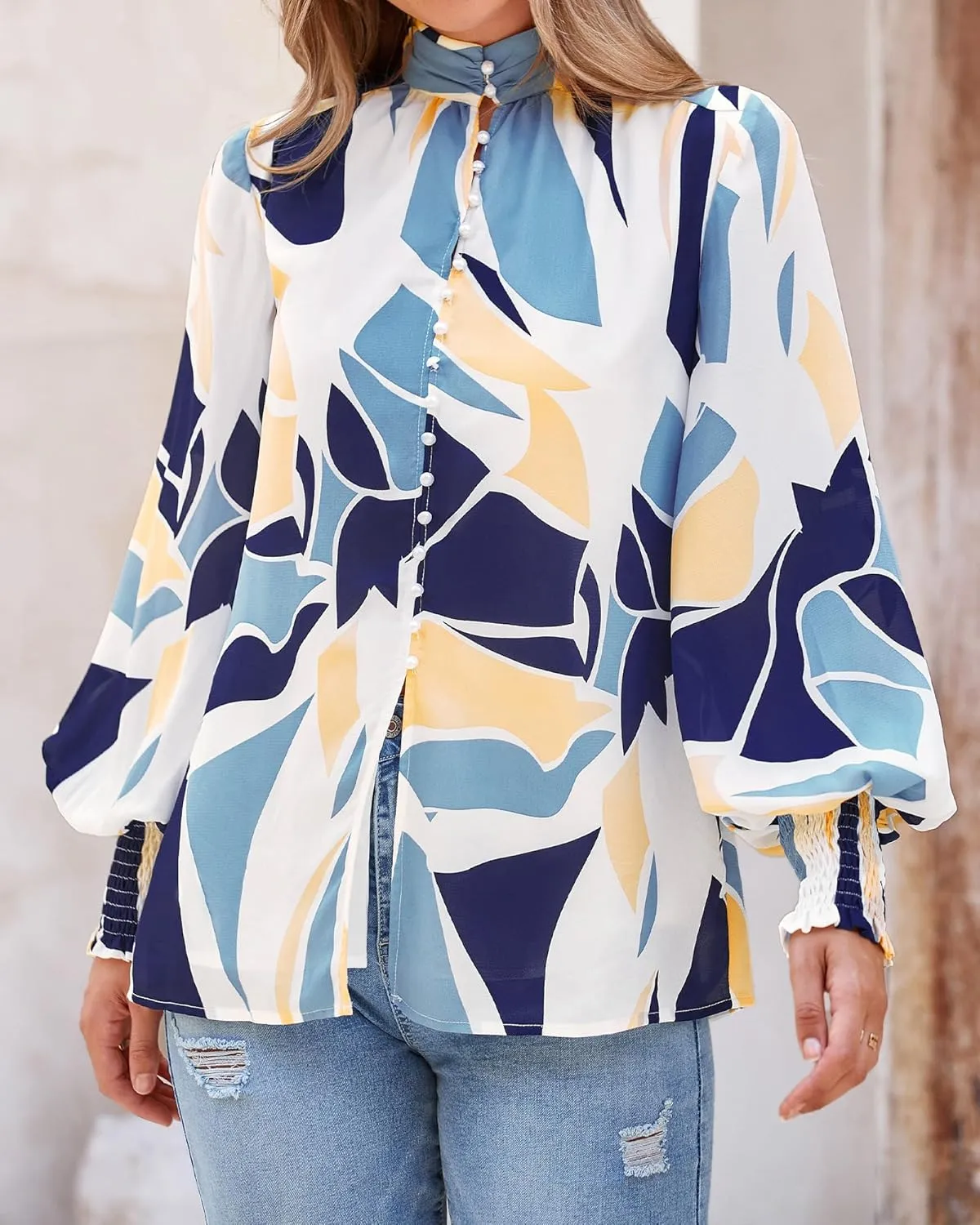 BTFBM Spring Fashion 2025 Button Down Long Sleeve Blouses for Women Dressy Casual V Neck Loose Printed Boho Tops Shirts