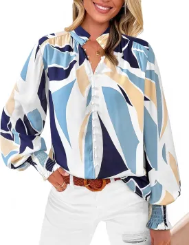 BTFBM Spring Fashion 2025 Button Down Long Sleeve Blouses for Women Dressy Casual V Neck Loose Printed Boho Tops Shirts
