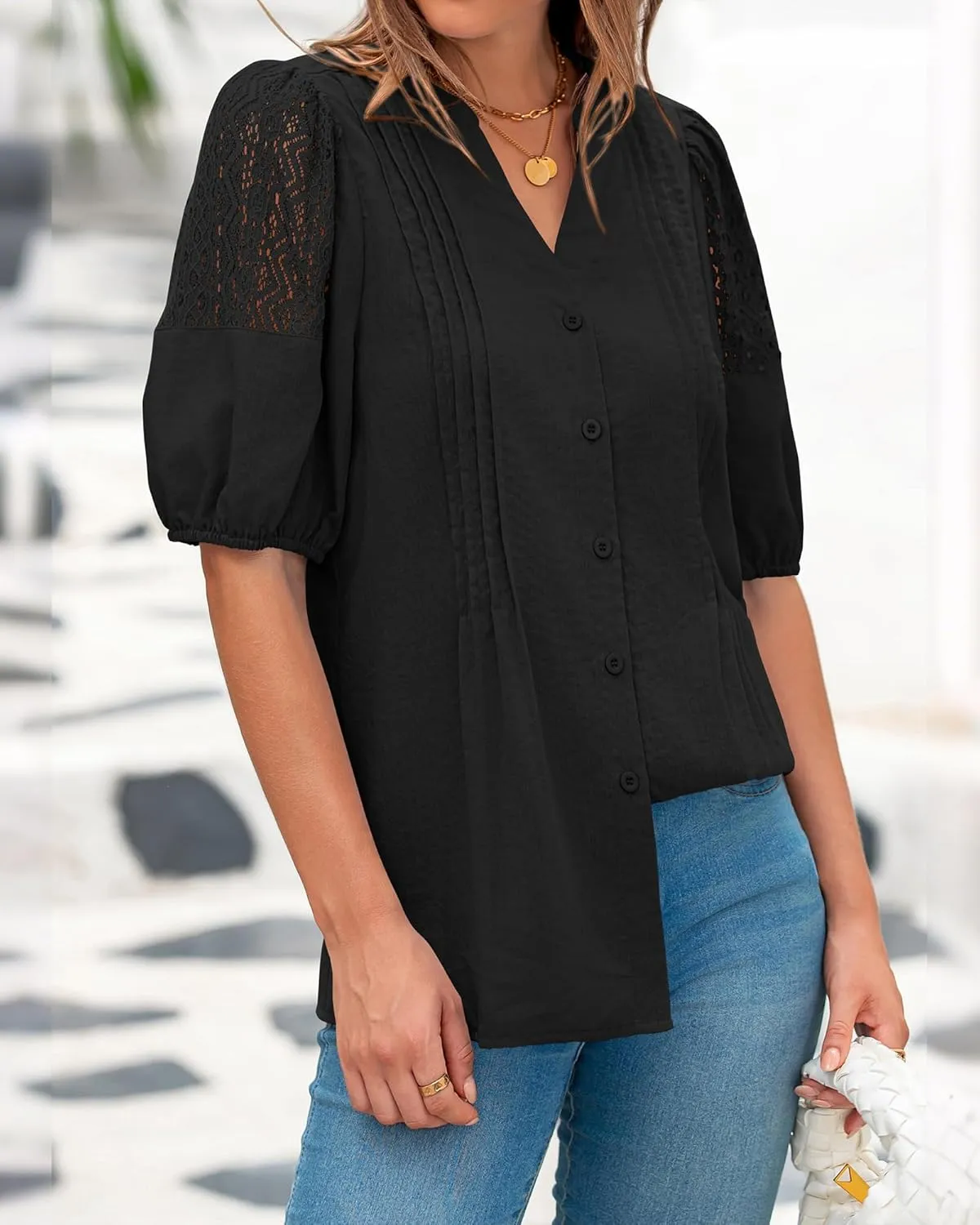 BTFBM Women's Lace Puff Sleeve Tops 2025 Summer V Neck Casual Button Down Shirts Loose Dressy Work Business Blouse Top