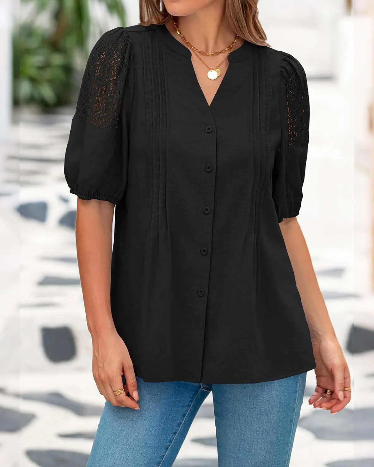 BTFBM Women's Lace Puff Sleeve Tops 2025 Summer V Neck Casual Button Down Shirts Loose Dressy Work Business Blouse Top