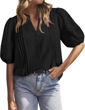 BTFBM Women's Lace Puff Sleeve Tops 2025 Summer V Neck Casual Button Down Shirts Loose Dressy Work Business Blouse Top