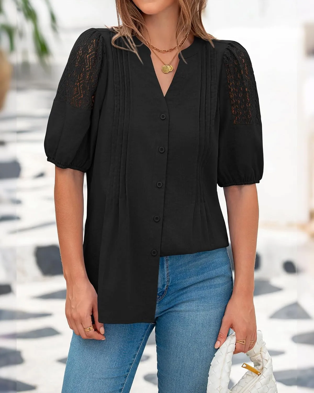 BTFBM Women's Lace Puff Sleeve Tops 2025 Summer V Neck Casual Button Down Shirts Loose Dressy Work Business Blouse Top