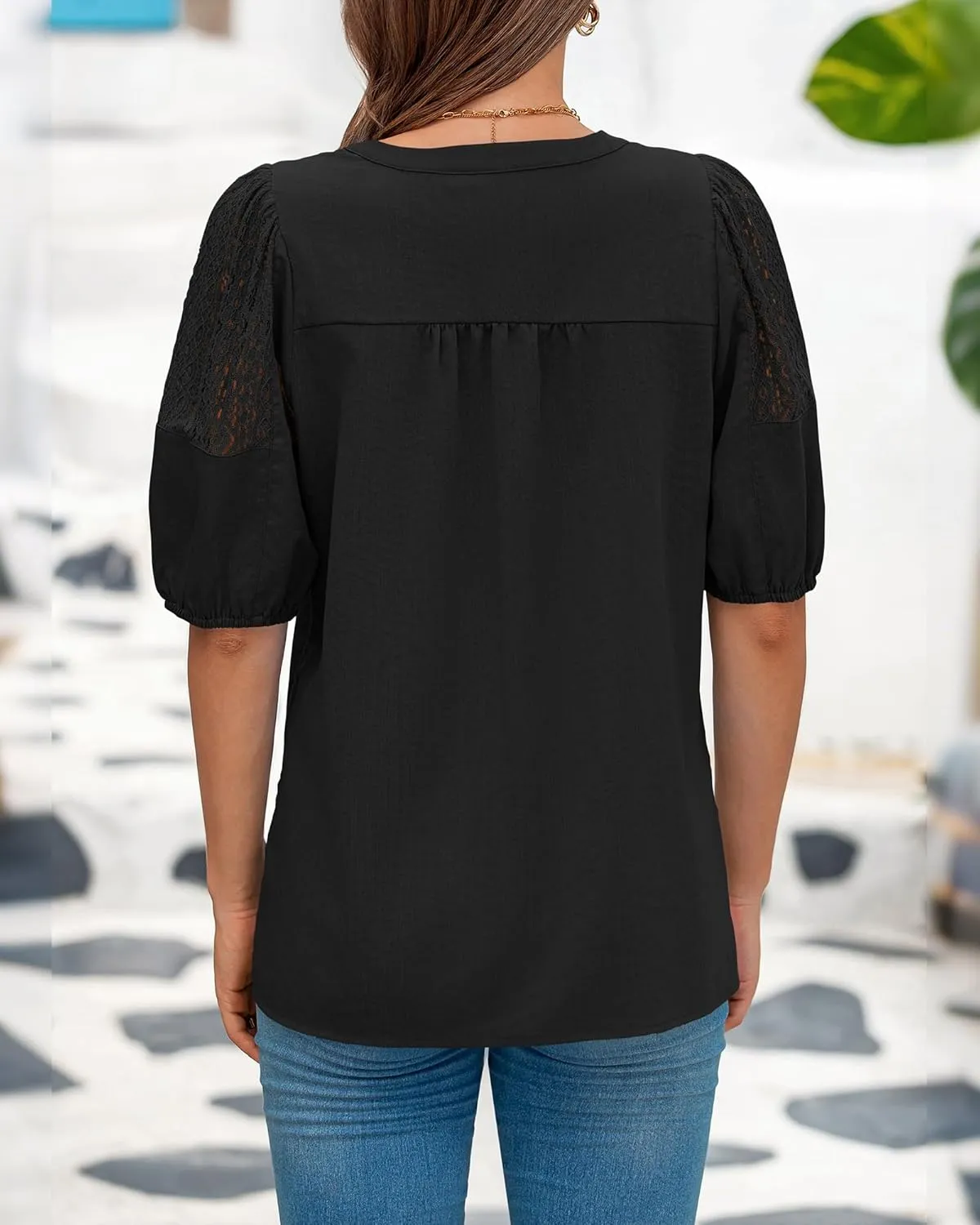 BTFBM Women's Lace Puff Sleeve Tops 2025 Summer V Neck Casual Button Down Shirts Loose Dressy Work Business Blouse Top