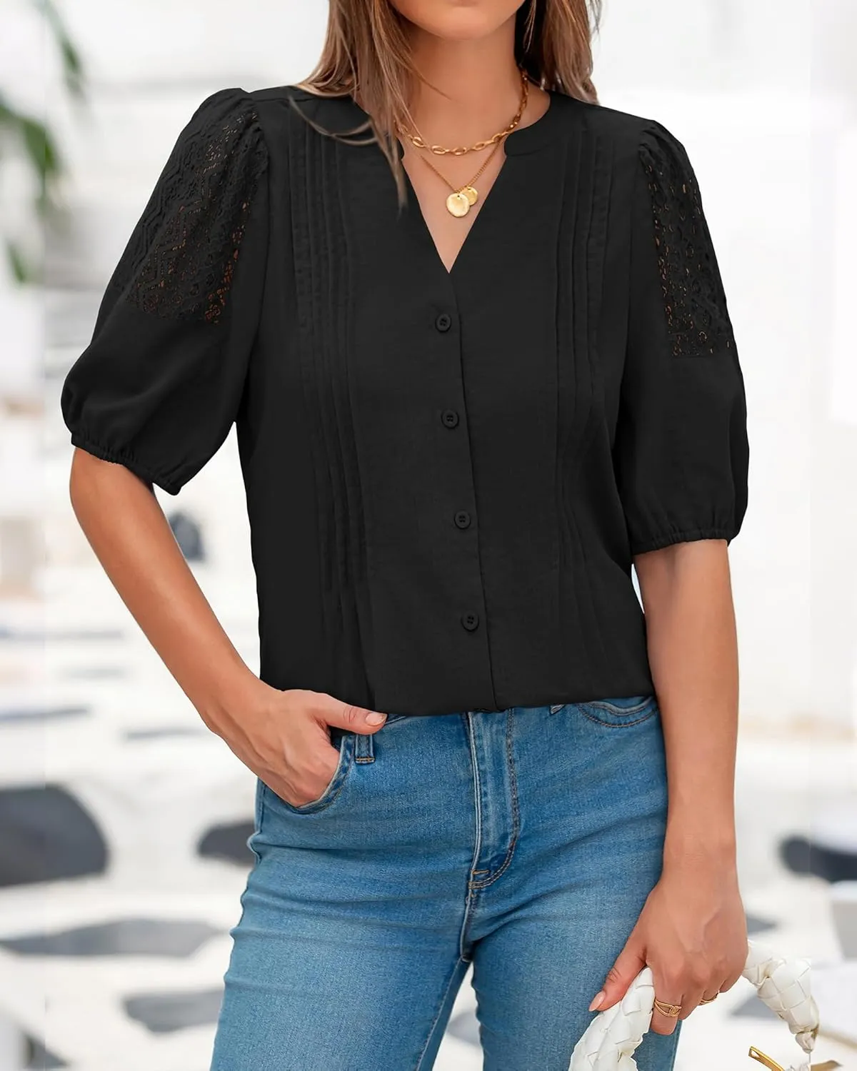 BTFBM Women's Lace Puff Sleeve Tops 2025 Summer V Neck Casual Button Down Shirts Loose Dressy Work Business Blouse Top