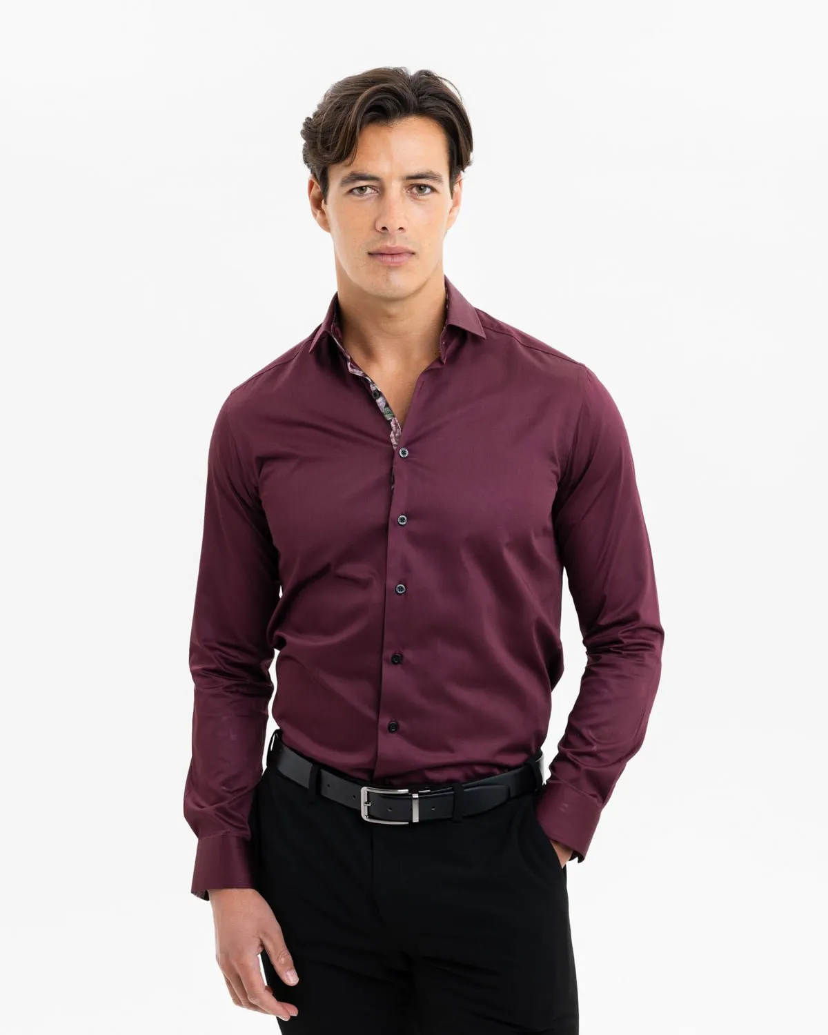 Burgundy Sateen Shirt with Roses Accents