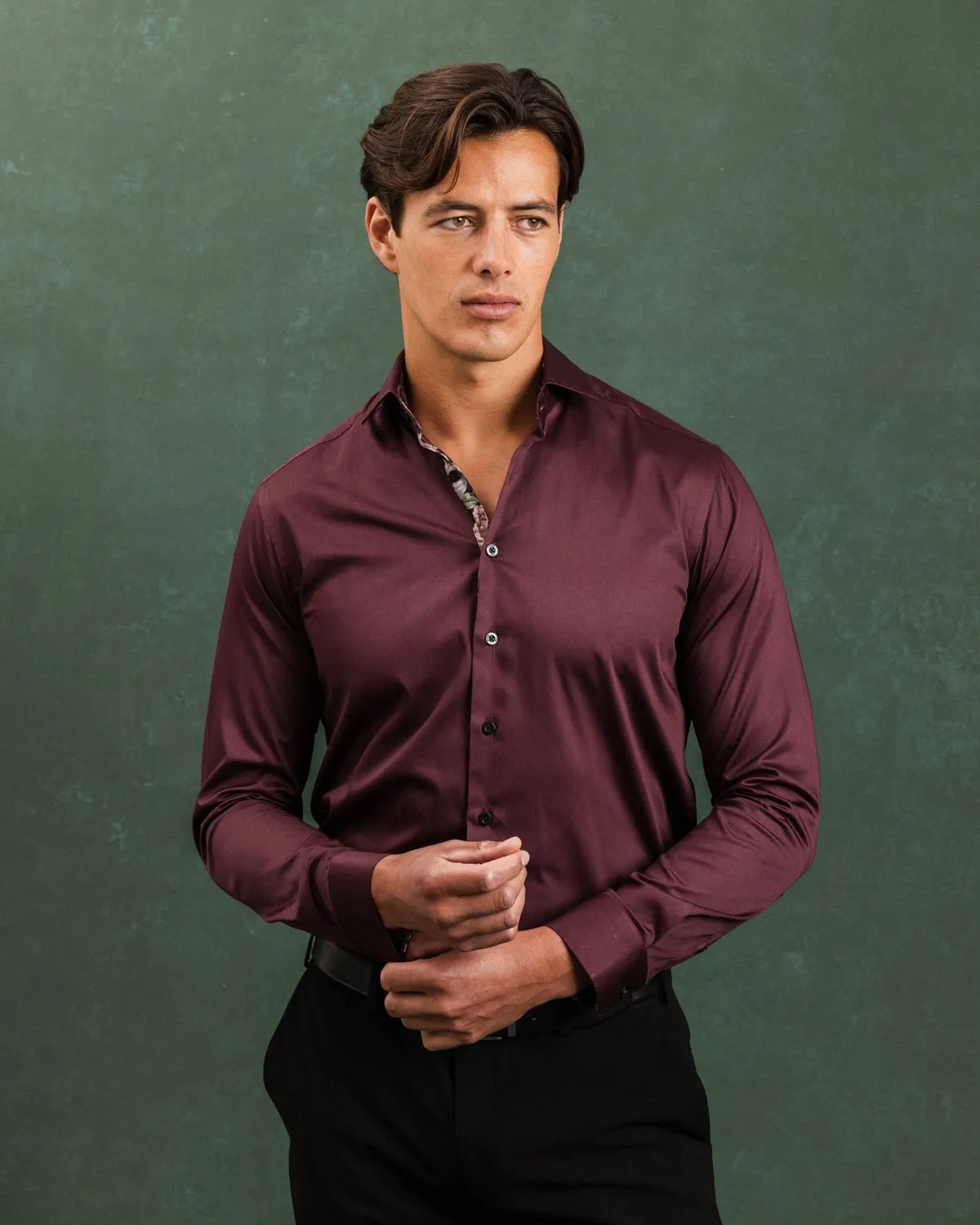 Burgundy Sateen Shirt with Roses Accents