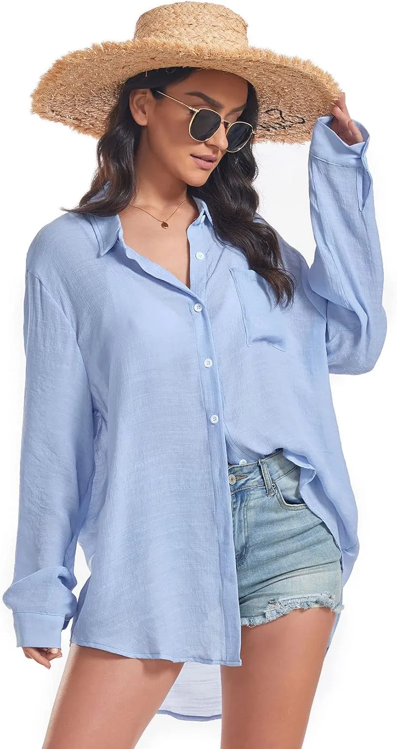 Century Star Womens Button Down Shirts Vacation Outfits Loose Fit Long Sleeve Casual Oversize Collared Blouse