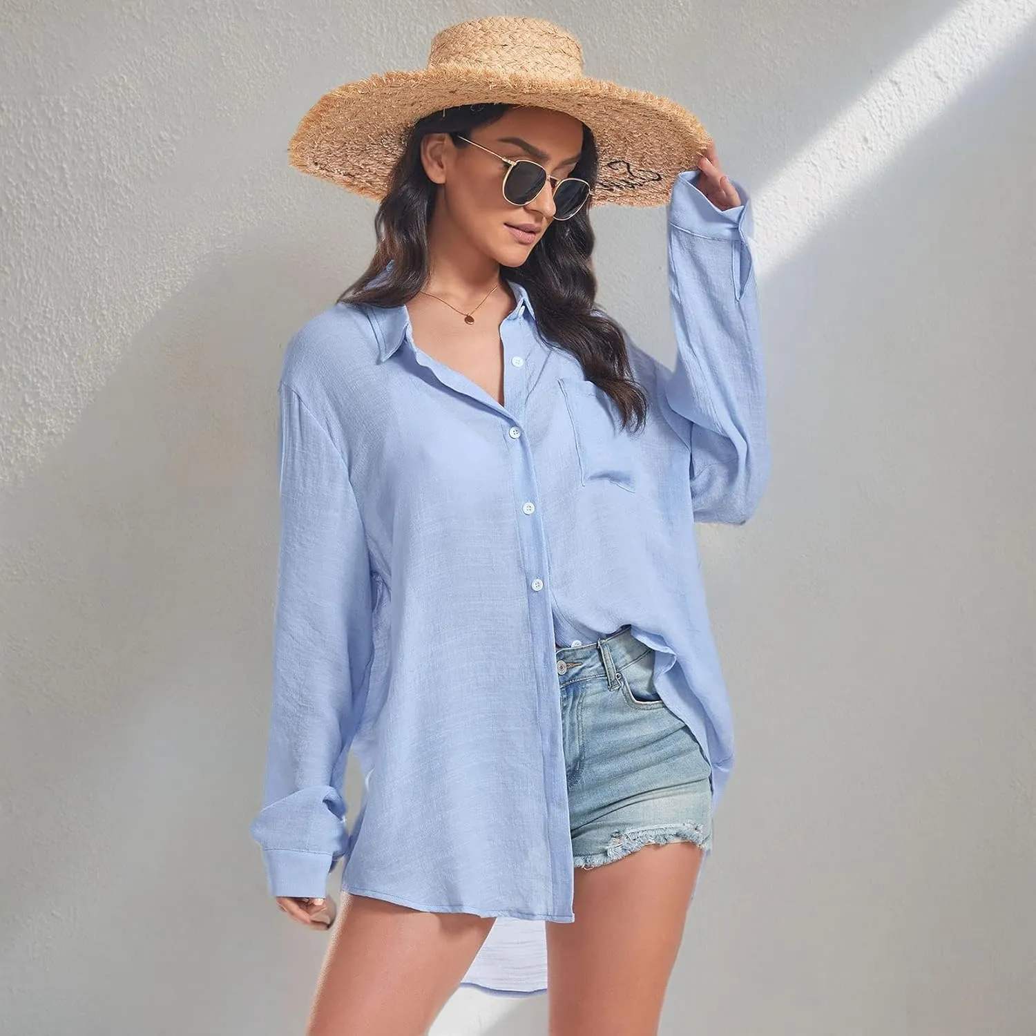 Century Star Womens Button Down Shirts Vacation Outfits Loose Fit Long Sleeve Casual Oversize Collared Blouse
