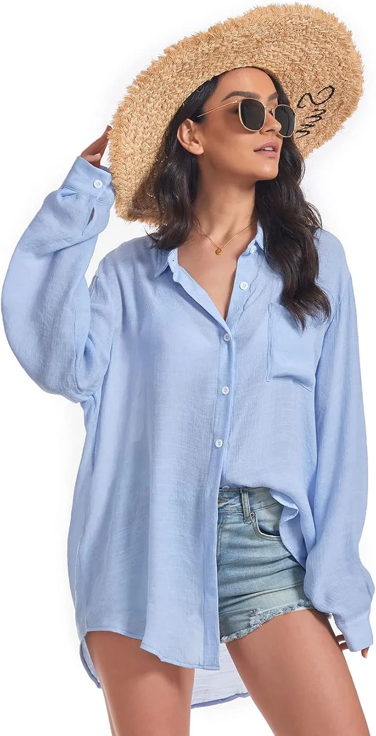 Century Star Womens Button Down Shirts Vacation Outfits Loose Fit Long Sleeve Casual Oversize Collared Blouse