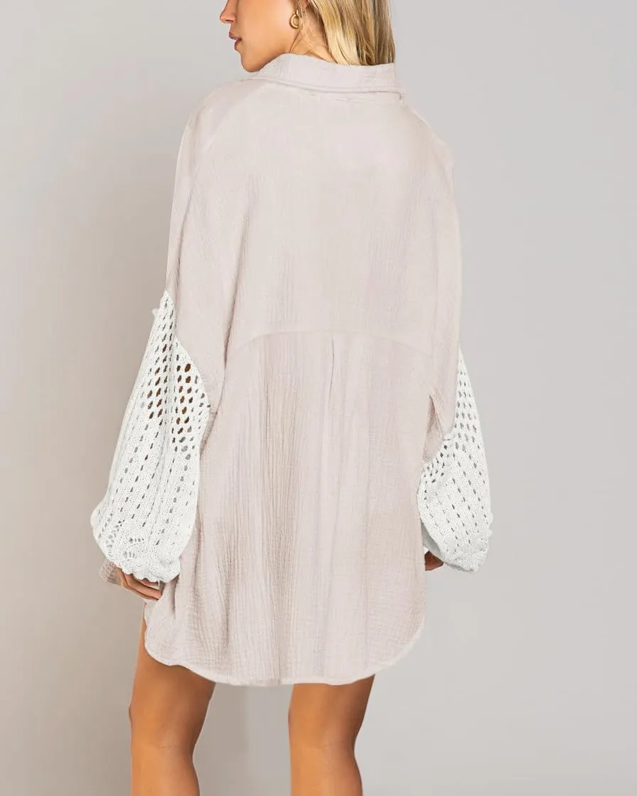 chouyatou Women's Crochet Eyelet Lantern Sleeve Button Down Color Block Boho Oversized Shirt Blouses