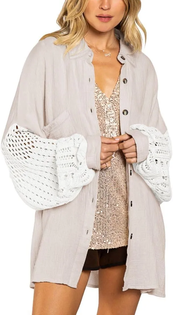 chouyatou Women's Crochet Eyelet Lantern Sleeve Button Down Color Block Boho Oversized Shirt Blouses