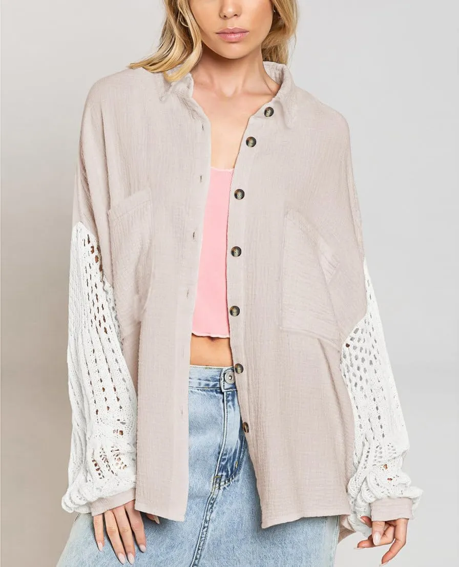 chouyatou Women's Crochet Eyelet Lantern Sleeve Button Down Color Block Boho Oversized Shirt Blouses