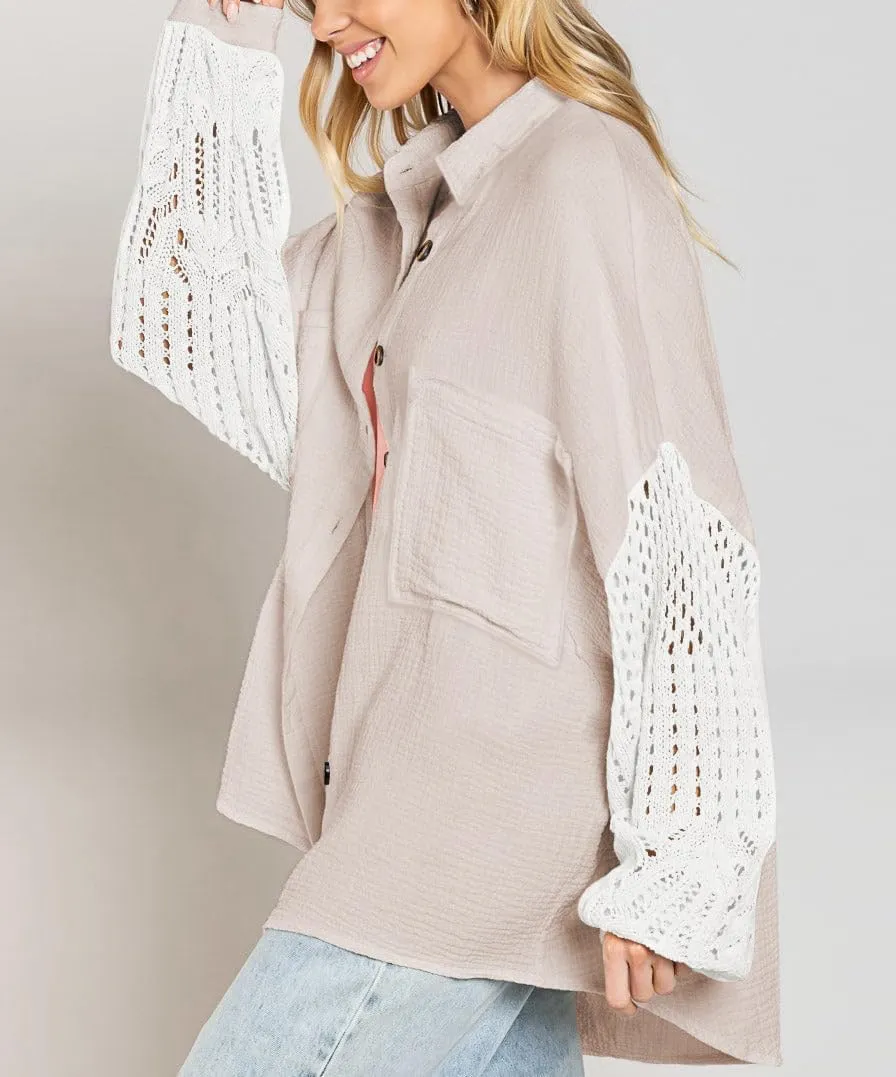 chouyatou Women's Crochet Eyelet Lantern Sleeve Button Down Color Block Boho Oversized Shirt Blouses