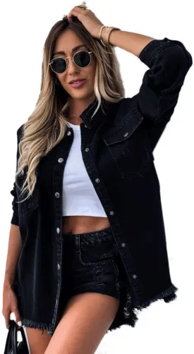 chouyatou Women's Distressed Ripped Batwing Sleeves Boyfriend Denim Jean Shirts Jacket