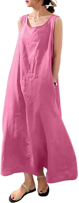 chouyatou Women's Summer Casual Sleeveless Cotton Sun Dress Maxi Tunic Tank Beach Dress with Pocket