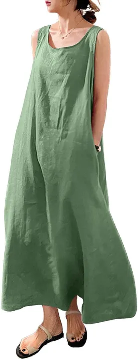 chouyatou Women's Summer Casual Sleeveless Cotton Sun Dress Maxi Tunic Tank Beach Dress with Pocket